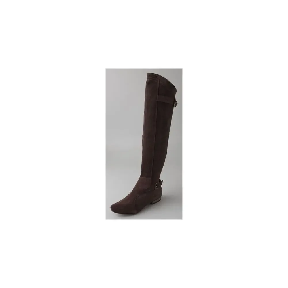 JOIE Many Roads Over The Knee Brown Suede Flat Boots Buckle Zipper 37 6.5